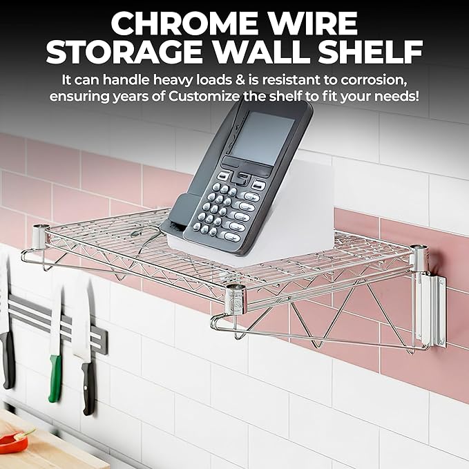 Heavy Duty Chrome Wire Wall Shelf – NSF Certified Commercial Storage Rack with Mounting Brackets – Steel Wire Shelf for Kitchen, Restaurant, Garage, or Pantry (18" x 24")