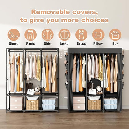 Wardrobe Closet Portable Closets for Hanging Clothes Large Capacity Clothes Rack with Cover, 3 Hanging Rods, 6 Shelves and 8 Pockets, Strong and Stable Free Standing Closet for Bedroom, Black