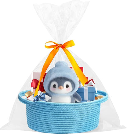 Pro Goleem Small Woven Basket with Gift Bags and Ribbons Durable Baskets for Gifts Empty Small Rope Basket for Storage 12"X 8" X 5" Baby Toy Basket with Handles, Blue