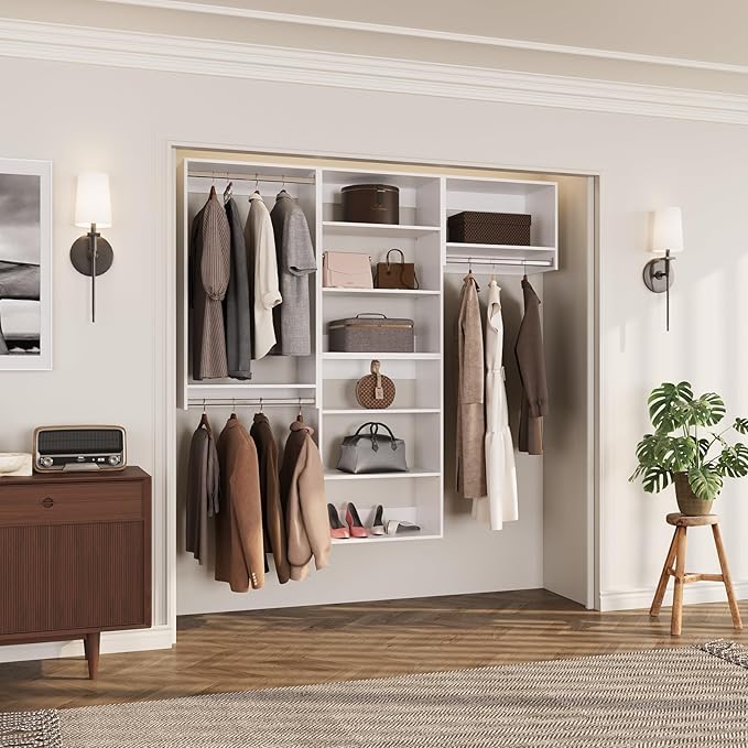 ROOMTEC Modular Closet System, 96" Wall-Mounted Closet Organizer with Hanging Rods, Modern Wooden Tower for Walk-In Closets, Wardrobe Storage Kit, White