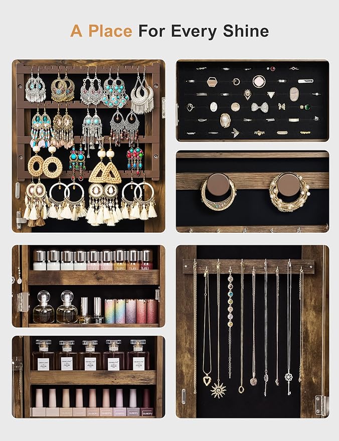 Nicetree Jewelry Cabinet Armoire with 2 Drawers, Lockable Standing Jewelry Mirror Cabinet, Full Length Mirror with Jewelry Storage, Rustic Brown
