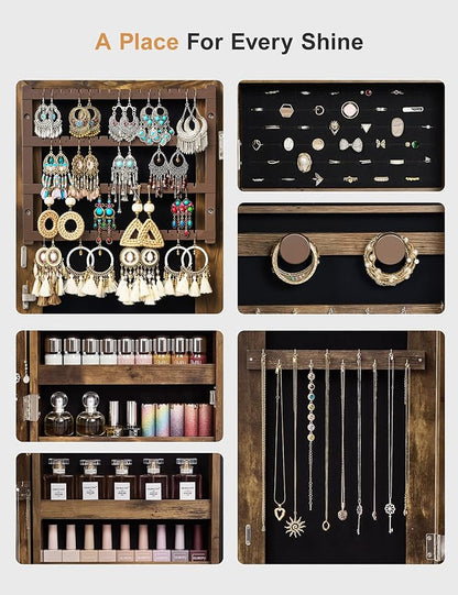 Nicetree Jewelry Cabinet Armoire with 2 Drawers, Lockable Standing Jewelry Mirror Cabinet, Full Length Mirror with Jewelry Storage, Rustic Brown