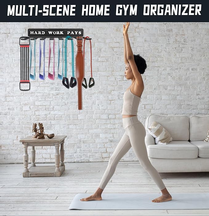 WIPHANY Home Gym Accessories Organization Storage Rack Equipment For Home 8 Hook Wall Hanger Display Gear Barbells Resistance Bands Jump Ropes Lifting Belt Hanger Accessories Hardware Included