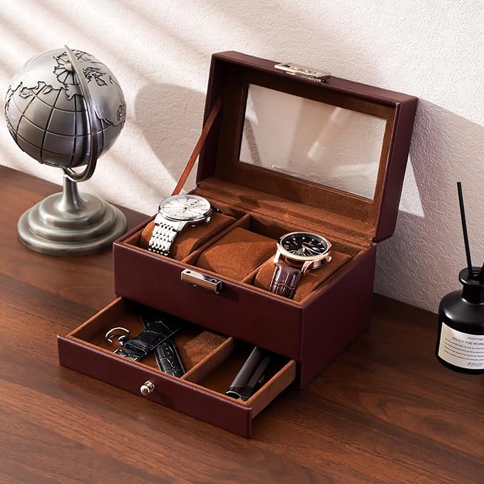ProCase Watch Box, 3 Slot Watches Display Case with Drawer, Mens Watch Case with Glass Lid, 2-Layer Mens Jewelry Organizer Storage Holder, Birthday Valentine Gifts for Men-3 Slot, Espresso