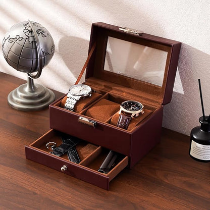 ProCase Watch Box, 3 Slot Watches Display Case with Drawer, Mens Watch Case with Glass Lid, 2-Layer Mens Jewelry Organizer Storage Holder, Birthday Valentine Gifts for Men-3 Slot, Espresso