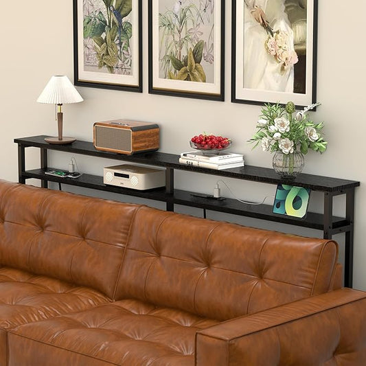 70 Inch Double-Layer Narrow Console Sofa Table with 2 Power Outlets &4 AC Plugs&4 USB Ports, 4.9' Extension Cord Included, Behind Couch Table for Living Room/Office Easy Assembly - Black