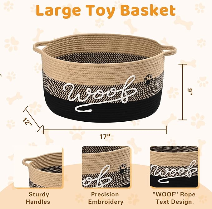 Woof Dog Toy Basket with Handles, Large Dog Toy Storage Bin with Paw Print, Woven Dog Basket for Blankets, Toys, Chews, Pet Toy Box for Nursery, Living Room, Bedroom, 17”x12”x9, Black