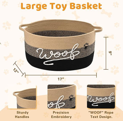 Woof Dog Toy Basket with Handles, Large Dog Toy Storage Bin with Paw Print, Woven Dog Basket for Blankets, Toys, Chews, Pet Toy Box for Nursery, Living Room, Bedroom, 17”x12”x9, Black