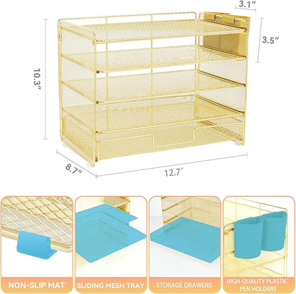 Desk Organizers and Accessories, 5-Tier Paper Letter Tray Organizer with Drawer & 2 Pen Holders, Desktop Organizer for Office Supplies (Gold)