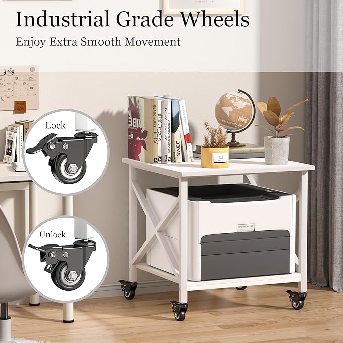 Printer Stand, 23.6 x 23.6 Inches Large Printer Stand with Storage Shelf, 2 Tier Printer Table for Home Office, Rolling Printer Cart with Industrial Wheels, Mini Fridge Stand Table, White