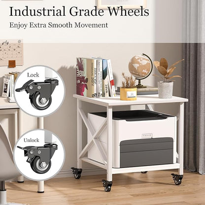 Printer Stand, 23.6 x 23.6 Inches Large Printer Stand with Storage Shelf, 2 Tier Printer Table for Home Office, Rolling Printer Cart with Industrial Wheels, Mini Fridge Stand Table, White