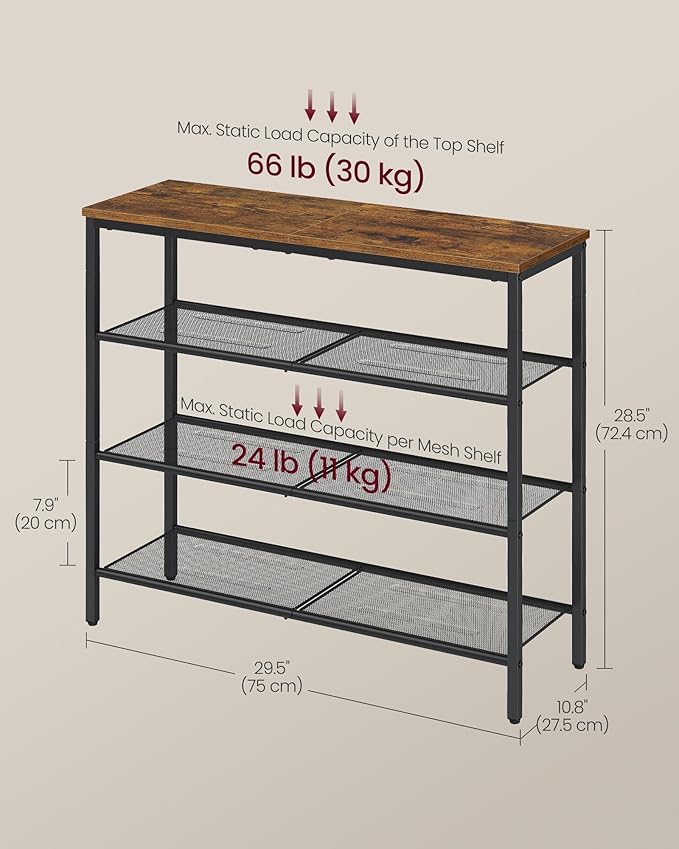 VASAGLE 4-Tier Shoe Rack, Large Shoe Storage Organizer for Closet, Entryway, 15-20 Pairs, with 3 Metal Mesh Shelves, 10.8 x 29.5 x 28.5 Inches, Rustic Brown and Black ULBS114KD01