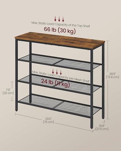 VASAGLE 4-Tier Shoe Rack, Large Shoe Storage Organizer for Closet, Entryway, 15-20 Pairs, with 3 Metal Mesh Shelves, 10.8 x 29.5 x 28.5 Inches, Rustic Brown and Black ULBS114KD01