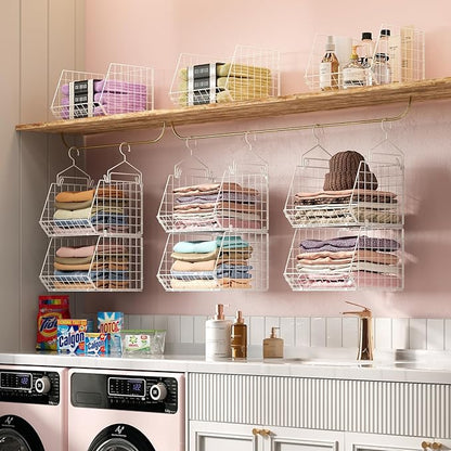 X-cosrack 6 Tier Closet Hanging Organizer, Clothes Hanging Shelves with 4 Hanging Hooks 5 S Hooks, Wire Storage Basket Bins, for Clothing Sweaters Shoes Handbags Clutches Accessories Patent