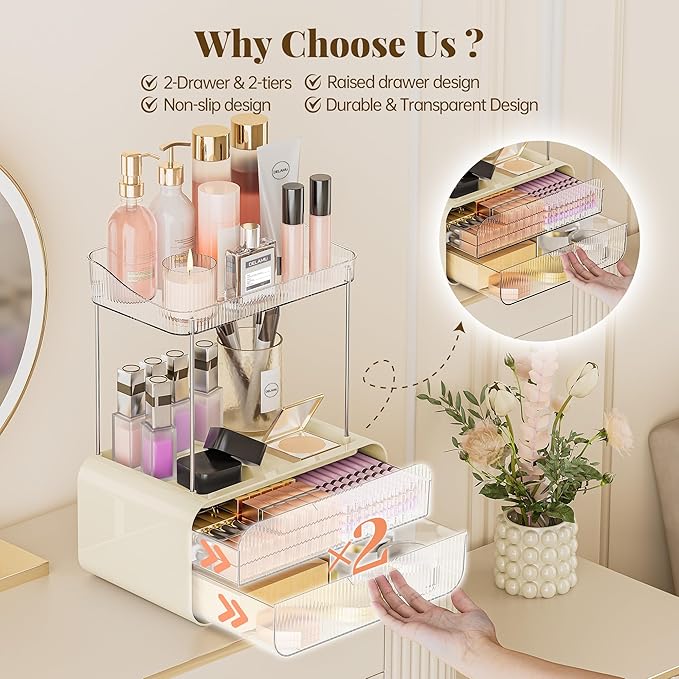 Delamu Bathroom Counter Organizer 2-Drawers 2-Tier Acrylic Makeup Organizer for Vanity Countertop, Skincare Perfume Storage, Easy Assembly, Ideal for Women, Bath Linen Sets, CreamWhite