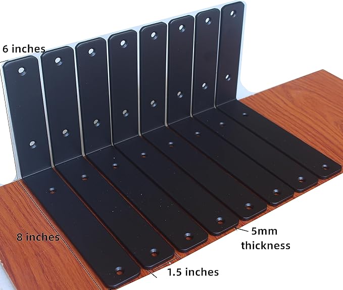 2 Pack - L 8" x H 6" x W1.5, 5mm Thick Black L Shelf Bracket, Iron Shelf Brackets, Metal Shelf Brackets, Floating Shelf, Shelf Supports with Screws