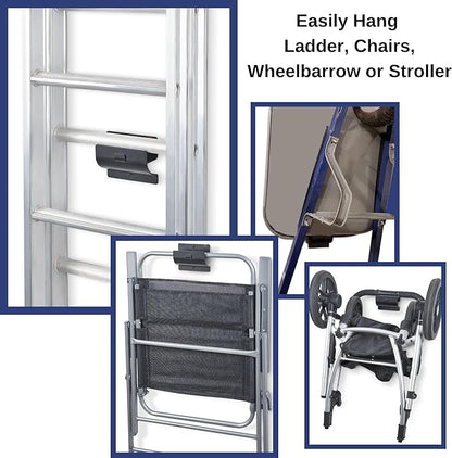 Ladder Hanger set of 2 For Garage Wall - Black Heavy Duty Utility Hook For Wall Mount Ladder Storage. Versatile Tool Holder To Maximize Space In Shed, Workshop, Garden, Hang Wheelbarrow, Folding Chair