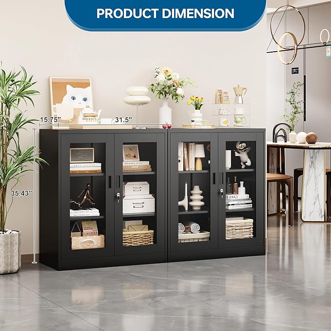 Display Cabinet with Acrylic Doors, 35.4 Inches Metal Curio Storage Cabinet with 2 Adjustable Shelves, Locking Display Case for Home, Office, Clinic, Pantry, Assemble Required (Black)