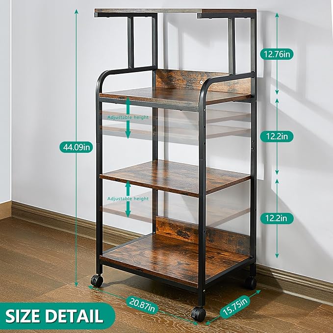 4 Tier Printer Stands, Multipurpose Office and Home Printer Desk with Wheels, Shelving for Printers, Fax Machines, Scanners, Vintage Brown