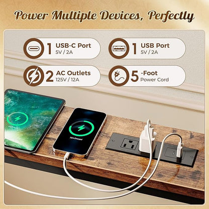 Huuger 149.6 Inch Sofa Table with Power Outlets and USB-C Ports, 5.9 Inch Narrow Entryway Table, Behind Couch Table with Storage, Extra-Long Console Table, Living Room, Rusitc Brown