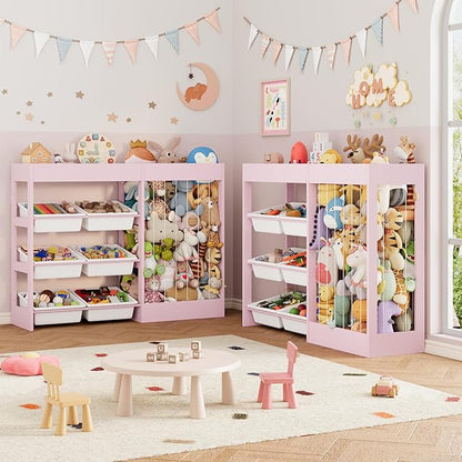 50.6" W Toy Organizers and Storage, 3-in-1 Kids Toy Storage Cabinet with Stuffed Animal Holder, 6 Plastic Removable Bins, Wooden Shelf for Girls Boys Playroom, Nursery, Kids Room(Pink)
