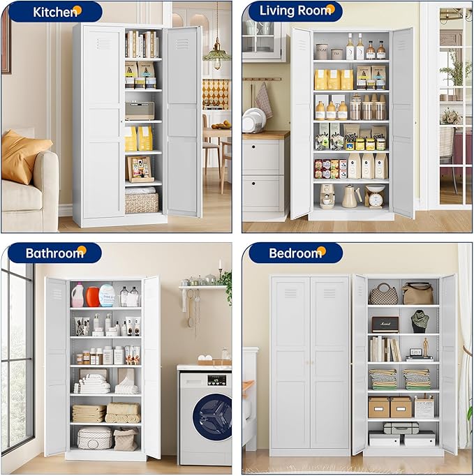 MIIIKO Metal Pantry Cabinet, Utility Storage Cabinets with 2 Doors and 5 Shelves, Versatile Freestanding Tall Cupboard for Kitchen, Bedroom, Laundry Room and Office, 71" H x 15.7" D x 31.5" W