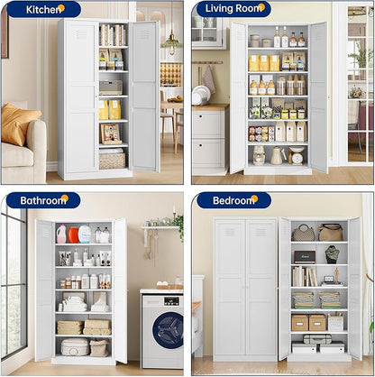 MIIIKO Metal Pantry Cabinet, Utility Storage Cabinets with 2 Doors and 5 Shelves, Versatile Freestanding Tall Cupboard for Kitchen, Bedroom, Laundry Room and Office, 71" H x 15.7" D x 31.5" W