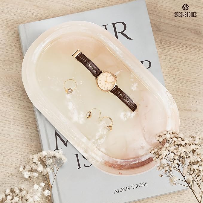 Marble Tray 9.75 Inch Handmade Cream Onyx Bathroom Tray for Countertop Décor - Decorative Trays for her, Perfume, Candle, Jewelry & Vanity Accessories