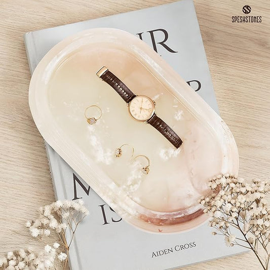 Marble Tray 9.75 Inch Handmade Cream Onyx Bathroom Tray for Countertop Décor - Decorative Trays for her, Perfume, Candle, Jewelry & Vanity Accessories