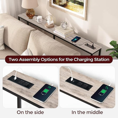 Skinny Console Table with Power Outlets, 63" Narrow Sofa Table, Behind Couch Table with Charging Station, Sofa Hallway Table for Plants, Living Room CTHG165E01