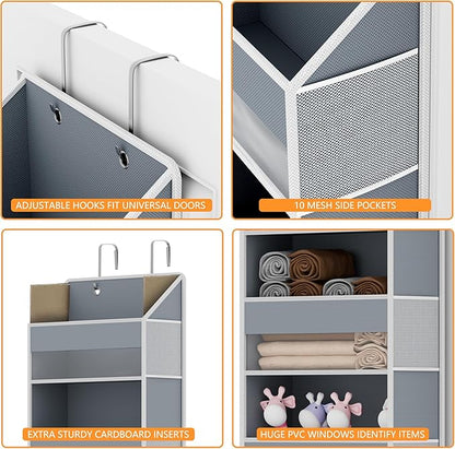 Over The Door Organizer - Over Door Storage Organizer with 5 Large Pockets & 10 Mesh Side Compartments - Heavy-Duty Hanging Storage for Bathroom, Bedroom & Closet - Baby Room Organize - Grey
