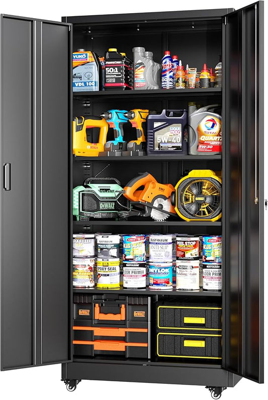 Greenvelly Metal Garage Storage Cabinet with 4 Swivel Wheels, 73” Black Storage Cabinet on Wheels, Rolling Tool Cabinet with Locking Doors and Shelves for Home, Basement, Kitchen Pantry, Warehouse