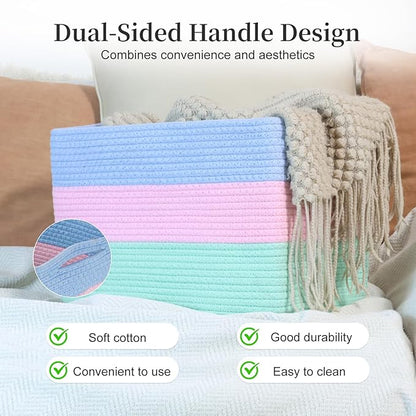 Hopegiver 1 Pack Rainbow Woven Storage Baskets for Shelves, 15x11x10 Inch Cotton Rope Decorative Organizer Bins for Blanket Clothes Book Baby Pet, Colorful Toy Basket for Playroom, Kids Room, Nursery
