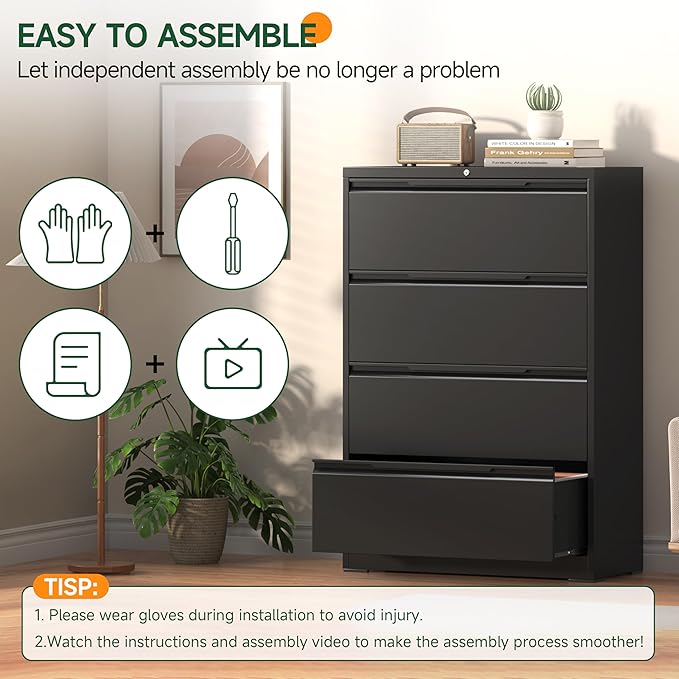 Lateral File Cabinet with Lock, 4 Drawer Lateral File Cabinets, Metal Filing Cabinets for Home Office, Black Deep Drawer for Hanging Files Letter/Legal/A4/F4 Size, Printer Stand, Assembly Required