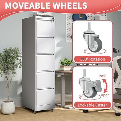 5 Drawer Mobile File Cabinet with Lock,White Metal Filing Cabinets with Wheels,Vertical File Cabinet for Home Office,Heavy Duty Storage Cabinet for A4/Letter/Legal Size File,Assembly Required