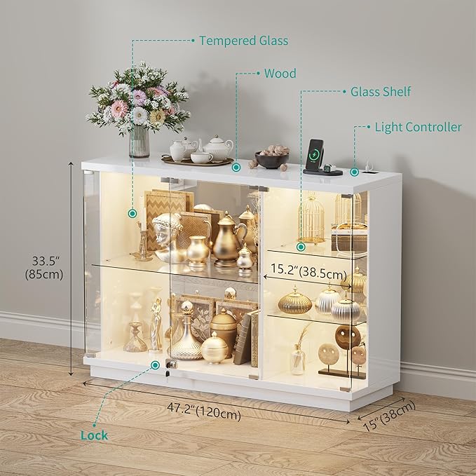 HNEBC Lockable Display Curio Cabinet with Glass Door,47.2" W Glass Display Cabinet with 3 Color Lights for Collectibles,5-Tier Lighted Display Case with Human Sensor,Living Room,White