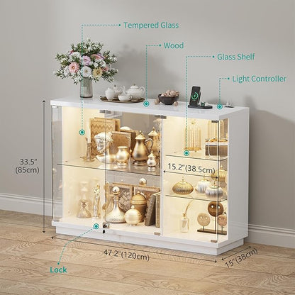 HNEBC Lockable Display Curio Cabinet with Glass Door,47.2" W Glass Display Cabinet with 3 Color Lights for Collectibles,5-Tier Lighted Display Case with Human Sensor,Living Room,White