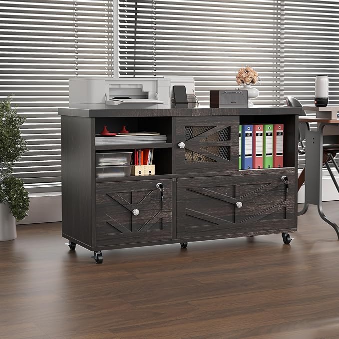 Semoic Gray Lateral File Cabinet with Lock, 2 Drawer Rolling Filing Cabinet for Home Office, Mobile Storage Cabinet with Open Shelves & Sliding Door, Fits Legal/Letter/A4 Files, Herringbone Design