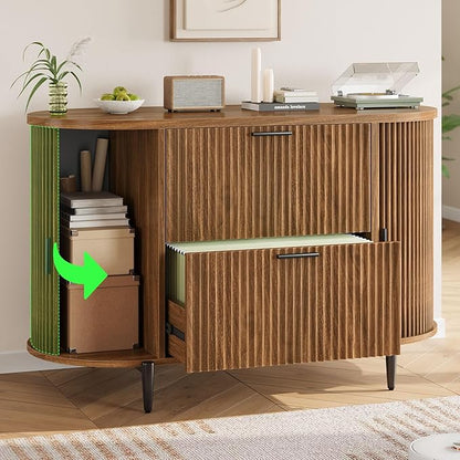 SEDETA 2 Drawer File Cabinet, 39.4" Filing Cabinet for Home Office, fit Legal/Letter/A4 Size, Light Luxury Fluted Filing Cabinets with 2 Sliding Door Storage, Printer Stand, Brown