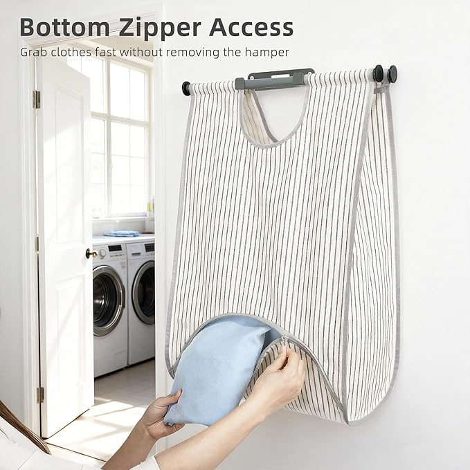 STORAGE MANIAC Wall Mount Laundry Hamper, Hanging Laundry Bag with Bottom Zipper Opening, Space Saver Dirty Clothes Hamper with Wall Anchor, Laundry Clothes Bin for College, Dorm, RV, Stripe