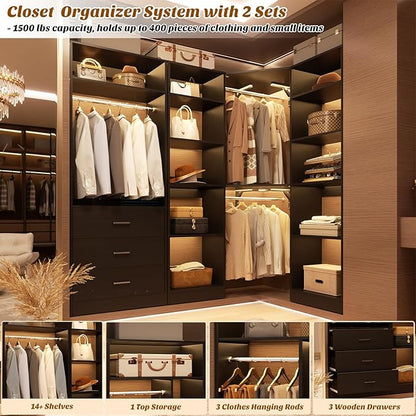 Corner Closet System with 3 Drawers, Corner Closet Organizer System with 13 Shelves & 3 Hanging Rods, 63.2"L * 39.2"W Reversible L Shaped Walk-in Closets, Load 2000+LBS, Black