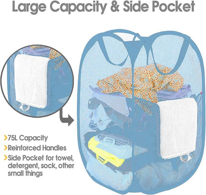 BATTOO Deluxe Strong Mesh Pop up Laundry Hamper Basket with Side Pocket Foldable Hamper for Laundry Room, Bathroom, Kids Room, College Dorm or Travel Light Blue