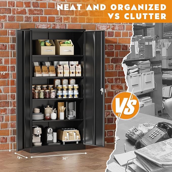 Bonusall 72" Storage Cabinet,Heavy-Duty Steel Cabinet with 2 Locking Doors & 4 Adjustable Shelves for Home, Office, or Workshop Organization(Black)