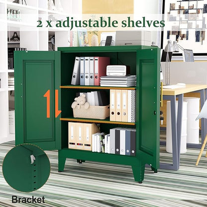 Green Metal Storage Cabinet, 36" Tall Locking Storage Cabinet with 2 Adjustable Shelves, Steel Locker Organizer, for Office, Home, School, 11.81" D x 23.62" W x 35.83" H