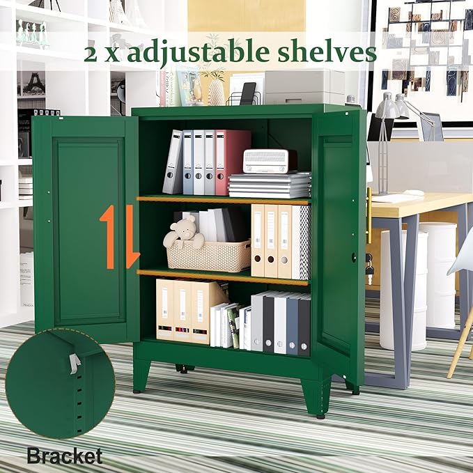 Green Metal Storage Cabinet, 36" Tall Locking Storage Cabinet with 2 Adjustable Shelves, Steel Locker Organizer, for Office, Home, School, 11.81" D x 23.62" W x 35.83" H, 2PS