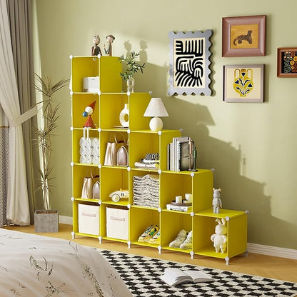 AWTATOS Cube Storage Organizer, Storage Cubes Shelves, 16 Cube Closet Organizers and Storage, DIY Stackable Bookshelf Plastic Clothes Organizer Shelving for Bedroom, Home, Yellow