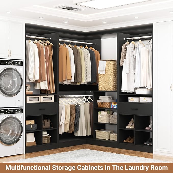 Unikito 86" Corner Closet System, Modular Closets Organizer with 4 Hanging Rods and 2 Drawers, Freestanding Adjustable Wood Clothes Garment Rack with Storage Shelves, Black
