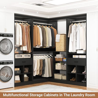 Unikito 86" Corner Closet System, Modular Closets Organizer with 4 Hanging Rods and 2 Drawers, Freestanding Adjustable Wood Clothes Garment Rack with Storage Shelves, Black