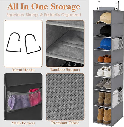 VERONLY Hanging Shoe Organizer for Closet,8-Shelf Hanging Storage with Side Mesh Pockets,Wider Shelves for Baseball Caps,Clothes (9" W × 11.8" D × 54" H) Grey