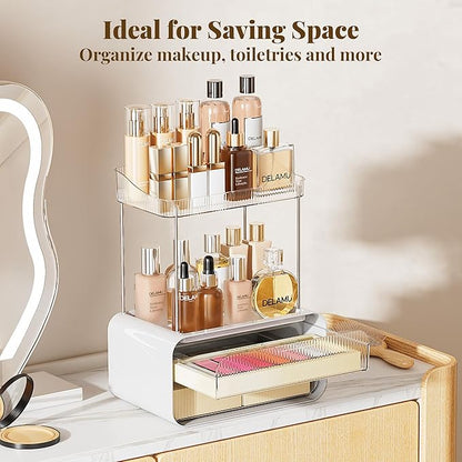 Delamu Bathroom Counter Organizer 2-Drawers 2-Tier Acrylic Makeup Organizer for Vanity Countertop, Skincare Perfume Storage, Easy Assembly, Ideal for Women, Bath Linen Sets, Clear